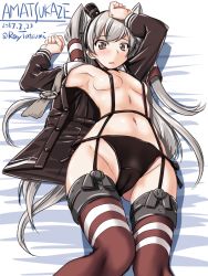 Rule 34 | 10s, 1girl, amatsukaze (kancolle), arm at side, armpits, bed, black panties, blush, breasts, brown eyes, cameltoe, choker, covered erect nipples, dress, garter straps, hair tubes, hand on forehead, kantai collection, lifebuoy, long hair, looking at viewer, lying, navel, on back, open clothes, panties, parted lips, partially visible vulva, red thighhighs, sailor dress, short dress, side-tie panties, silver hair, small breasts, solo, swim ring, tatsumi ray, thighhighs, thighs, two side up, underwear