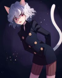 Rule 34 | 1other, abiko yuuji, animal ears, black jacket, buttons, cat ears, cat tail, cowboy shot, curly hair, double-breasted, grey hair, hair between eyes, hunter x hunter, jacket, looking at viewer, neferpitou, open mouth, orange shorts, short hair, shorts, solo, striped clothes, striped shorts, tail, vertical-striped clothes, vertical-striped shorts