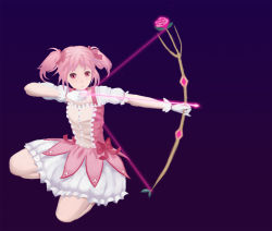 Rule 34 | 10s, 1girl, ari rein, arrow (projectile), bow, bow (weapon), bubble skirt, flower, gloves, highres, jumping, kaname madoka, magical girl, mahou shoujo madoka magica, mahou shoujo madoka magica (anime), pink eyes, pink hair, ribbon, rose, simple background, skirt, solo, squatting, weapon