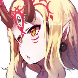 Rule 34 | 1girl, absurdres, bad id, bad twitter id, blonde hair, earrings, facial mark, fate/grand order, fate (series), forehead mark, highres, horns, ibaraki douji (fate), jewelry, long hair, looking away, oni, oni horns, orange eyes, parted lips, pointy ears, portrait, protected link, simple background, slit pupils, solo, wada kazu, white background