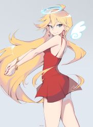 Rule 34 | 1girl, ahoge, artist name, blonde hair, blue eyes, blush, bracelet, closed mouth, dress, earrings, eyebrows, halo, highres, hoop earrings, jewelry, long hair, looking at viewer, milka (milk4ppl), nail polish, panty &amp; stocking with garterbelt, panty (psg), red dress, red nails, smile, solo