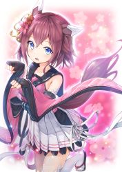 Rule 34 | 1girl, absurdres, animal ears, bad id, bad pixiv id, blue eyes, blush, cherry blossoms, commentary request, detached sleeves, fingerless gloves, flower, gloves, hair between eyes, hair flower, hair ornament, hazakura shoha, highres, horse ears, horse girl, horse tail, looking at viewer, open mouth, paw pose, pink hair, sakura chiyono o (umamusume), solo, tail, thighhighs, umamusume