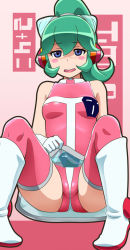 Rule 34 | 1girl, awa, bare shoulders, blue eyes, blush, blush stickers, calen (time bokan), cameltoe, gloves, green hair, headgear, highres, leotard, long hair, looking at viewer, open mouth, pink thighhighs, ponytail, see-through, sitting, skirt, sleeveless, smile, solo, thighhighs, time bokan (series), time bokan 24, white gloves