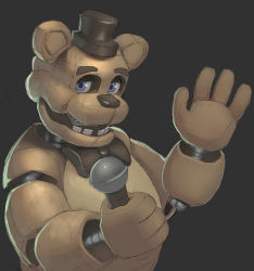 Rule 34 | 1boy, absurdres, animal ears, robot animal, bear ears, blue eyes, bow, bowtie, five nights at freddy&#039;s, five nights at freddy&#039;s 1, freddy fazbear, hat, highres, holding, holding microphone, microphone, mini hat, mini top hat, oyoso goku, robot, solo, top hat