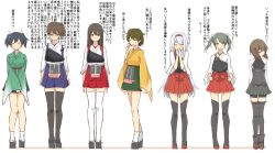 Rule 34 | 10s, 6+girls, akagi (kancolle), bike shorts, blue hair, blush, boots, breast conscious, breasts, brown eyes, brown hair, bust chart, cassandra (seishun katsu sando), clueless, commentary, comparison, closed eyes, grey hair, hair ribbon, hairband, hakama, hakama short skirt, hakama skirt, hands on own hips, headband, highres, hiryuu (kancolle), japanese clothes, kaga (kancolle), kantai collection, large breasts, lineup, long hair, looking at viewer, looking away, looking down, multiple girls, muneate, open mouth, own hands clasped, own hands together, ribbon, scratching cheek, shaded face, short hair, shoukaku (kancolle), side ponytail, simple background, skirt, smile, souryuu (kancolle), sweatdrop, taihou (kancolle), tasuki, thigh boots, thighhighs, translation request, trembling, twintails, v arms, white background, zettai ryouiki, zuikaku (kancolle)