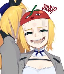 Rule 34 | 1girl, blonde hair, commentary, dokibird (vtuber), english commentary, gloves, green eyes, indie virtual youtuber, jujutsu kaisen, kenjaku, long hair, long sleeves, looking at viewer, open mouth, parody, scene reference, simple background, smile, solo, teeth, tomato, twintails, virtual youtuber, white background, yoako