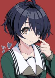 1girl 22/7 ahoge black_bow black_bowtie black_hair bow bowtie brown_eyes closed_mouth collarbone eighth_note green_shirt heart highres lionmaru0808 long_sleeves looking_at_viewer musical_note pointing pointing_at_self portrait red_background rokubanchou_school_uniform sailor_collar school_uniform serafuku shirt short_hair smile solo takigawa_miu white_sailor_collar winter_uniform