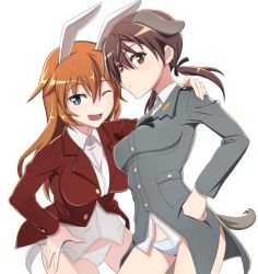 Rule 34 | 2girls, animal ears, blazer, blue eyes, blush, breasts, brown eyes, brown hair, charlotte e. yeager, closed mouth, dog ears, dog tail, gertrud barkhorn, hand on own hip, hand on shoulder, jacket, large breasts, looking at viewer, medium breasts, military, military uniform, monochrome background, multiple girls, nanashino, one eye closed, open mouth, panties, rabbit ears, rabbit girl, simple background, smile, strike witches, tail, underwear, uniform, white background, white panties, world witches series