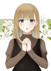 Rule 34 | 1girl, black dress, blue eyes, brown hair, brown sweater, commentary request, dress, floral background, flower, interlocked fingers, kozue akari, long hair, looking at viewer, original, own hands clasped, own hands together, ribbed sweater, sleeveless, sleeveless dress, solo, sweater, upper body, white background, white flower