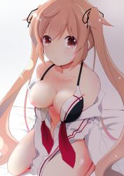 Rule 34 | 10s, 1girl, adapted costume, bad id, bad pixiv id, bikini, bikini bottom aside, breasts, breasts out, brown eyes, brown hair, clothing aside, gradient background, jacket, kantai collection, light brown hair, long hair, looking at viewer, medium breasts, minami noriko, murasame (kancolle), nipples, open clothes, open mouth, sitting, solo, swimsuit, swimsuit aside, track jacket, twintails