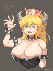 Rule 34 | 1girl, armlet, bare shoulders, black collar, blonde hair, bowsette, bracelet, breasts, cleavage, collar, commentary request, covered erect nipples, cropped torso, crown, dripping, drooling, earrings, eyelashes, fingernails, hand up, high ponytail, highres, horns, jewelry, large breasts, long hair, mario (series), new super mario bros. u deluxe, nintendo, open mouth, pinkboy, pointy ears, ponytail, profanity, raised eyebrow, sharp fingernails, sharp teeth, sidelocks, simple background, smile, solo, sparkle, spiked armlet, spiked bracelet, spiked collar, spikes, strapless, super crown, tearing up, teeth, thinking, upper body