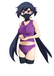 Rule 34 | 10s, 1girl, absurdres, ayame (gundam build divers), bare arms, bare shoulders, black hair, black thighhighs, breasts, collarbone, covered mouth, cowboy shot, cropped legs, gundam, gundam build divers, hair ornament, half mask, highres, large breasts, long hair, looking at viewer, low ponytail, mask, mouth mask, ninja, own hands together, panties, ponytail, purple eyes, purple panties, purple shirt, shirt, solo, tank top, taut clothes, taut shirt, thighhighs, tonotyama, twintails, underwear, underwear only, very long hair