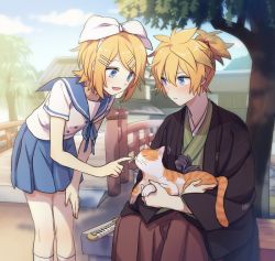 Rule 34 | 1boy, 1girl, :d, akiyoshi (tama-pete), animal, architecture, bare arms, bent over, blonde hair, blue eyes, blue ribbon, blue skirt, blue sky, blush, breasts, bridge, cat, cloud, day, east asian architecture, fingernails, hairband, hakama, hakama skirt, hand on own thigh, haori, headpat, holding, holding animal, holding cat, japanese clothes, kagamine len, kagamine rin, katana, kneehighs, long sleeves, looking at another, miniskirt, open mouth, outdoors, parted lips, pleated skirt, ponytail, ribbon, school uniform, serafuku, short hair, short sleeves, sitting, skirt, sky, small breasts, smile, socks, standing, swept bangs, sword, tree, vocaloid, weapon, white ribbon, wide sleeves