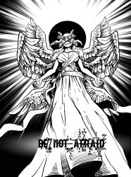 Rule 34 | 1girl, angel wings, angelo&#039;s world, biblically accurate angel, blood, blood on hands, breasts, cleavage cutout, clothing cutout, commentary, dress, eclipse, english commentary, extra eyes, feathered wings, greyscale, highres, inktober, large breasts, long dress, monochrome, multiple wings, original, outstretched arms, smile, solo, wings