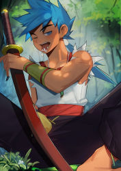 Rule 34 | 1boy, blue eyes, blue hair, breath of fire, breath of fire iv, cum, cum in mouth, highres, long hair, looking at viewer, male focus, open mouth, ryuu (breath of fire iv), sitting, solo, sweat, sword, tongue, weapon, yaowu