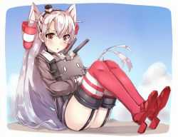 Rule 34 | 10s, 1girl, amatsukaze (kancolle), blush, brown eyes, chestnut mouth, garter straps, hugging object, kantai collection, kz (kazuma-rising), legs together, long hair, rensouhou-kun, silver hair, sitting, solo, striped clothes, striped thighhighs, thighhighs, two side up