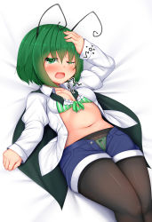 Rule 34 | 1girl, antennae, black cape, black pantyhose, blue shorts, blush, bra, breasts, cape, clip studio paint (medium), collared shirt, commentary request, daichi (tokoya), feet out of frame, green bra, green eyes, green hair, green panties, hair between eyes, hand on own head, highres, long sleeves, looking at viewer, lying, navel, on back, one eye closed, open clothes, open fly, open mouth, open shirt, panties, panties under pantyhose, pantyhose, pantyhose under shorts, shirt, short hair, shorts, small breasts, solo, thighband pantyhose, touhou, underwear, white shirt, wriggle nightbug
