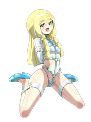 Rule 34 | 1girl, absurdres, arms behind back, bdsm, blonde hair, blue footwear, blue panties, blush, bondage, bound, braid, breasts, collar, creatures (company), game freak, green eyes, harness, high heels, highres, latex, lillie (pokemon), lips, long hair, nintendo, panties, pokemon, pokemon sm, restrained, shiny clothes, shiny skin, shoukin500, slave, small breasts, smile, thick thighs, thighs, thong, tongue, underwear