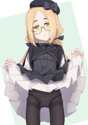 Rule 34 | 1girl, beret, black hat, black jacket, black pantyhose, blonde hair, bow, breasts, closed mouth, clothes lift, commentary request, cropped jacket, doll joints, dress, dress lift, female focus, glasses, green background, grey bow, grey dress, hat, hat bow, highres, iberis (ogami kazuki), jacket, joints, large breasts, long hair, looking at viewer, low twintails, ogami kazuki, original, panties, panties under pantyhose, pantyhose, parted bangs, semi-rimless eyewear, solo, twintails, two-tone background, under-rim eyewear, underwear, very long hair, white background, white panties, yellow eyes