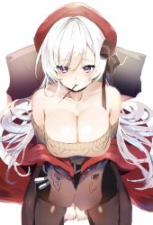 Rule 34 | 1girl, absurdres, aran sweater, azur lane, bare shoulders, belfast (azur lane), belfast (shopping with the head maid) (azur lane), beret, black pantyhose, black skirt, blush, bow, breasts, brown bow, brown sweater, cable knit, choker, cleavage, collarbone, earrings, food, hair between eyes, hair bow, hat, highres, hoerutarou, hoop earrings, jewelry, large breasts, long hair, long sleeves, looking at viewer, mouth hold, off-shoulder sweater, off shoulder, pantyhose, pencil skirt, pocky, purple eyes, red hat, simple background, sitting, skirt, solo, sweater, wariza, white background, white hair