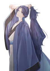 Rule 34 | 1boy, arm up, blue hair, earrings, gihuta hiroshi, grey eyes, highres, jewelry, lanxi zhen, laojun (the legend of luoxiaohei), long hair, long sleeves, ponytail, simple background, smile, solo, luo xiaohei zhanji, very long hair, white background, wide sleeves