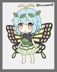 Rule 34 | 1girl, antennae, aqua hair, barefoot, blush, butterfly wings, chibi, closed mouth, dress, eternity larva, fairy, full body, green dress, hair between eyes, insect wings, kiwicream09, leaf, leaf on head, multicolored clothes, multicolored dress, short hair, short sleeves, single strap, smile, solo, touhou, twitter username, wings, yellow eyes