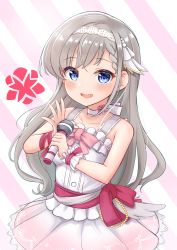 Rule 34 | 1girl, :d, bad id, bad pixiv id, bare shoulders, blue eyes, blush, braid, braided bangs, breasts, choker, collarbone, commentary request, diagonal stripes, grey hair, hairband, highres, hisakawa hayate, holding, holding microphone, idolmaster, idolmaster cinderella girls, idolmaster cinderella girls starlight stage, long hair, looking at viewer, medium breasts, microphone, mitsumine raimu, open mouth, osaki amana, pink skirt, pleated skirt, ribbon trim, single wrist cuff, skirt, smile, solo, striped, striped background, very long hair, white choker, white hairband, wrist cuffs