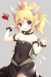 Rule 34 | 1girl, aged down, arm up, bare shoulders, black dress, blonde hair, bowsette, bracelet, breasts, chestnut mouth, collar, commentary request, covered navel, crown, dress, earrings, fang, fingernails, fire, grey background, grey nails, hair between eyes, hand up, horns, jewelry, lightning bolt symbol, mario (series), mini crown, nail polish, new super mario bros. u deluxe, nintendo, open mouth, pointy ears, ponytail, shiratama (shiratamaco), signature, simple background, small breasts, solo, spiked bracelet, spiked collar, spikes, strapless, strapless dress, super crown