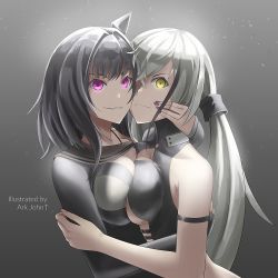 Rule 34 | architect (girls&#039; frontline), ark john up, artist name, asymmetrical docking, black hair, breast press, breasts, breasts squeezed together, english text, gaia (girls&#039; frontline), girls&#039; frontline, hug, purple eyes, ringed eyes, sangvis ferri, smile, white hair, yellow eyes