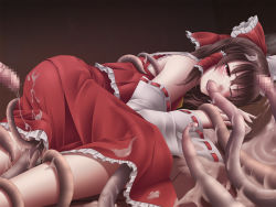 Rule 34 | 1girl, ass, bow, after rape, brown eyes, brown hair, censored, crying, cum, cum on body, cum on lower body, detached sleeves, empty eyes, fellatio, hair bow, hair tubes, hakurei reimu, highres, japanese clothes, mochi.f, mosaic censoring, non-web source, one eye closed, oral, rape, red bow, short hair, solo, solo focus, tentacles, touhou, wince, wink