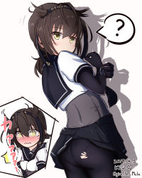Rule 34 | 1girl, ?, ass, blush, bodysuit, breasts, brown hair, clothes lift, commentary request, dated, embarrassed, giraffe (ilconte), hair flaps, hair over eyes, hairband, hatsuzuki (kancolle), highres, kantai collection, looking at viewer, looking back, medium hair, panties, panties under pantyhose, panty peek, pantyhose, skirt, skirt lift, torn clothes, translated, underwear, uniform, yellow eyes