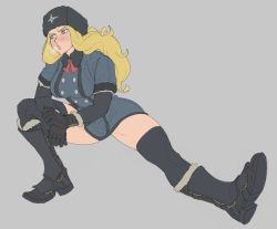 Rule 34 | 1girl, black gloves, black thighhighs, blonde hair, blue eyes, blush, boots, breasts, breath, buttons, capcom, coat, eyebrows, eyelashes, full body, fur hat, fur trim, gloves, grey background, hat, highres, imdsound, kolin, lips, long hair, looking away, parted lips, simple background, solo, street fighter, street fighter v, stretching, sweat, thick lips, thighhighs, thighs, ushanka, wavy hair, winter clothes, winter coat, zettai ryouiki