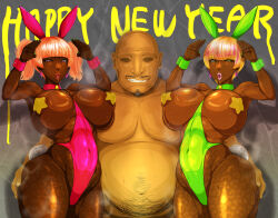 Rule 34 | 2girls, breasts, chinese zodiac, dark-skinned female, dark skin, fat, fat man, ganguro, happy new year, highres, huge breasts, multiple girls, nb teishoku, new year, year of the rabbit