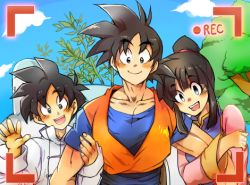 Rule 34 | 1girl, 2boys, :d, bad id, bad pixiv id, black eyes, black hair, blush, chi-chi (dragon ball), child, chinese clothes, couple, day, dougi, dragon ball, dragonball z, family, father and son, fingernails, hano (hanos91), happy, hetero, house, locked arms, looking at viewer, lowres, mother and son, multiple boys, open mouth, outdoors, plant, pov, recording, shirt, short hair, smile, son gohan, son goku, spiked hair, tree, upper body, waving, white shirt