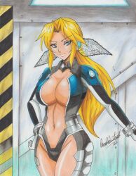 Rule 34 | 1girl, 2022, absurdres, blonde hair, blue eyes, bodysuit, breasts, cleavage, clothing cutout, dead or alive, female focus, helena douglas, highres, indoors, large breasts, long hair, navel, navel cutout, ponytail, ravernclouk design, signature, solo