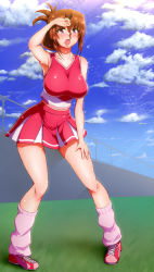 Rule 34 | 1girl, armpits, bare shoulders, breasts, brown hair, cheerleader, cleavage, collarbone, folded ponytail, hayate no gotoku!, large breasts, long hair, maria (hayate no gotoku!), open mouth, ponponmaru, red eyes, shoes, skirt, socks, solo, sweat, thighs
