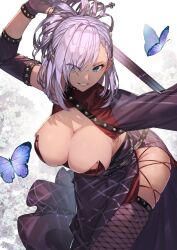 Rule 34 | aqua eyes, belt, black belt, black collar, bracelet, breasts, bug, butterfly, chest belt, cleavage, collar, commission, detached sleeves, dress, eyes visible through hair, fishnet thighhighs, fishnets, grey hair, holding, holding sword, holding weapon, insect, jewelry, large breasts, leaning forward, looking at viewer, messy hair, nakanishi tatsuya, original, over shoulder, parted lips, purple dress, side slit, single bare shoulder, skeb commission, skindentation, skirt, standing, studded belt, studded bracelet, studded collar, sword, sword over shoulder, teeth, thick thighs, thighhighs, thighs, two-tone dress, upper body, vegetation, weapon, weapon over shoulder, white background, wide hips