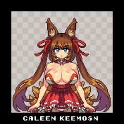 Rule 34 | 1girl, animal ears, areola slip, blue eyes, breasts, brown hair, caleen keemosn, choker, cleavage, commission, covered erect nipples, facing viewer, female focus, fox ears, fox ears, fox girl, fox tail, hair ribbon, japanese clothes, large breasts, long hair, miko, multiple tails, pixel art, ribbon, runes, solo focus, star ocean, star ocean anamnesis, tail, thighhighs, transparent background, twintails, very long hair