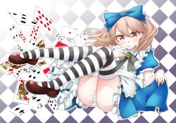 Rule 34 | adapted costume, alice (alice in wonderland), alice (alice in wonderland) (cosplay), alice in wonderland, apron, blue bow, blue dress, bow, brown eyes, brown hair, card, checkered background, club (shape), cosplay, diamond (shape), dress, frilled apron, frills, hair bow, heart, highres, kantai collection, kirigakure (kirigakure tantei jimusho), magatama, mary janes, neck ribbon, outline, panties, pantyshot, playing card, puffy short sleeves, puffy sleeves, ribbon, ryuujou (kancolle), shoes, short sleeves, sitting, skirt hold, smile, solo, spade (shape), striped clothes, striped panties, striped thighhighs, thighhighs, thighs, twintails, underwear