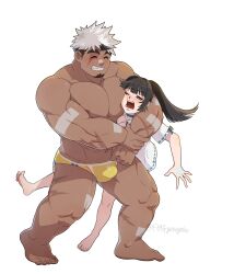 Rule 34 | 1boy, 1girl, akiha gongen (housamo), bandaid, bandaid on face, bandaid on nose, bara, dark-skinned male, dark skin, f69g, face to pecs, facial hair, facial scar, forced, full body, goatee, grin, hetero, highres, horns, large pectorals, male swimwear, multicolored hair, muscular, muscular male, official alternate costume, pectorals, protagonist 2 (housamo), scar, scar on cheek, scar on face, single horn, smile, standing, swim briefs, thick eyebrows, tokyo houkago summoners, two-tone hair, white background, white hair, yellow male swimwear