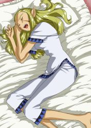 Rule 34 | 1990s (style), 1girl, blonde hair, breasts, closed eyes, drooling, fang, foot out of frame, highres, jessica de alkirk, langerhans 2016, long hair, lunar, lunar: the silver star, lying, markings, official style, on bed, on side, open mouth, pillow, pointy ears, retro artstyle, sleeping, solo, tongue, tongue out