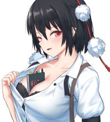 Rule 34 | 1girl, :d, between breasts, black bra, black hair, blush, book, bra, breasts, cleavage, collarbone, commentary request, hair between eyes, heart, large breasts, looking at viewer, open mouth, pen, pom pom (clothes), puffy short sleeves, puffy sleeves, red eyes, roke (taikodon), shameimaru aya, shirt, short hair, short sleeves, simple background, smile, solo, tassel, touhou, underwear, upper body, white background, white shirt