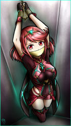 Rule 34 | 1girl, angry, armor, arms up, bare shoulders, bdsm, blush, bondage, bound, bound arms, bound wrists, breasts, covered navel, gag, gagged, gem, highres, improvised gag, jewelry, kidnapped, kidnapping, looking at viewer, magnolia-baillon, nervous, nintendo, pyra (xenoblade), red hair, restrained, short hair, solo, swept bangs, tape, tape gag, thigh strap, thighhighs, xenoblade chronicles (series), xenoblade chronicles 2