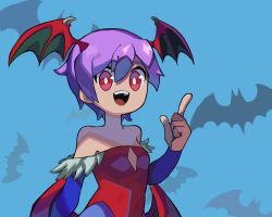 Rule 34 | 1girl, absurdres, animal print, bare shoulders, bat print, bat wings, blue background, breasts, cleavage, clothing cutout, demon girl, detached sleeves, feather trim, hair between eyes, head wings, highres, lilith aensland, looking at viewer, low wings, morrigan aensland, open mouth, pointing, pointing up, purple hair, red eyes, rising (risingacetrainer), short hair, small breasts, smile, thumbs up, vampire (game), wings