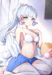 Rule 34 | 1girl, absurdres, alternate costume, ayaka (genshin impact), blue eyes, blue skirt, blunt bangs, blunt tresses, book, bra, breasts, cleavage, commentary request, curtains, genshin impact, grey hair, hair ribbon, highres, indoors, light blush, long hair, looking at viewer, medium breasts, mole, mole under eye, navel, necktie, unworn necktie, on bed, open clothes, open shirt, parted lips, pink necktie, pleated skirt, ponytail, ribbon, shirt, skirt, solo, thighhighs, tress ribbon, underwear, undressing, white bra, white shirt, white thighhighs, yeni1871