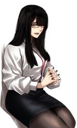 Rule 34 | 1girl, black hair, blush, breasts, collared shirt, fingers together, glasses, grey eyes, hair between eyes, highres, hoshi san 3, long hair, long sleeves, looking at viewer, mole, mole under eye, open mouth, original, pantyhose, shirt, simple background, sitting, skirt, solo, upper body, white background, white shirt, wing collar