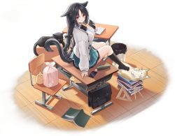 Rule 34 | 1girl, :3, alic miao, alternate costume, animal ears, azur lane, bag, basket, black hair, book, braid, breasts, cat, cat ears, cat girl, cat tail, cellphone, chair, classroom, desk, green skirt, highres, indoors, large breasts, long hair, long sleeves, looking at viewer, manjuu (azur lane), notebook, official alternate costume, official art, on desk, ooshio (azur lane), ooshio (let&#039;s &#039;ave lunch) (azur lane), pencil case, phone, red eyes, school bag, school chair, school desk, school uniform, shirt, sitting, on desk, skirt, smartphone, smile, square, tail, transparent background, triangle, twin braids, white shirt