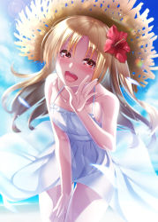 Rule 34 | 1girl, :d, azur lane, bare shoulders, between legs, blonde hair, blue sky, blush, breasts, cleveland (azur lane), cloud, collarbone, day, dress, floating hair, flower, hair between eyes, hair flower, hair ornament, hand between legs, hand up, hat, hibiscus, highres, ken ill, long hair, looking at viewer, open mouth, outdoors, red eyes, see-through, sidelocks, sky, small breasts, smile, solo, straw hat, sundress, very long hair, white dress, wind