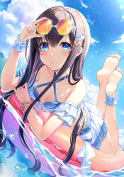 Rule 34 | 1girl, :o, ao no neko, barefoot, bikini, bikini skirt, blue eyes, blush, bracelet, breasts, cleavage, cloud, collarbone, commentary request, criss-cross halter, eyewear lift, eyewear on head, feet, feet up, front-tie top, hair ornament, hairclip, halterneck, highres, innertube, jewelry, legs together, lifted by self, long hair, looking at viewer, lying, on stomach, original, sky, small breasts, soles, solo, sunglasses, swim ring, swimsuit, the pose, toes, water