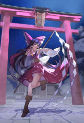 Rule 34 | 1girl, arm belt, arm up, belt, black hair, boots, bow, brown footwear, commentary request, detached sleeves, dress, frilled bow, frills, full body, gohei, hair bow, hakurei reimu, hakurei shrine, highres, holding, holding gohei, kaoru (alicemakoto), long hair, night, ofuda, open mouth, red bow, red dress, red eyes, ribbon-trimmed sleeves, ribbon trim, shide, sky, solo, standing, standing on one leg, star (sky), starry sky, torii, touhou, tree, white sleeves, wide sleeves